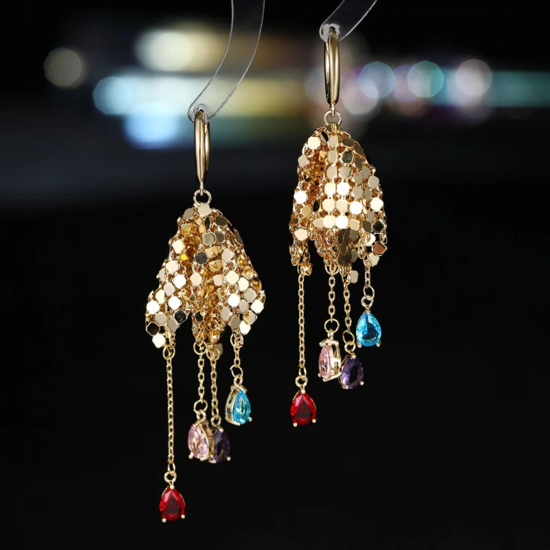 

Fashionable Light Luxury Elegant Earrings for Women, Unique Colorful Zircon Creative Skirt Hem Tassel Water Drop Niche Design Se