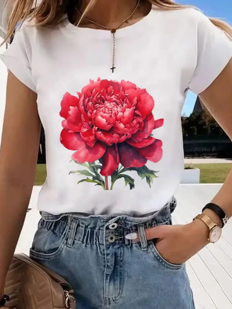 Camiseta con estampado de flores de amor para mujer, ropa con cuello redondo, ropa estampada de manga corta, Top de mujer