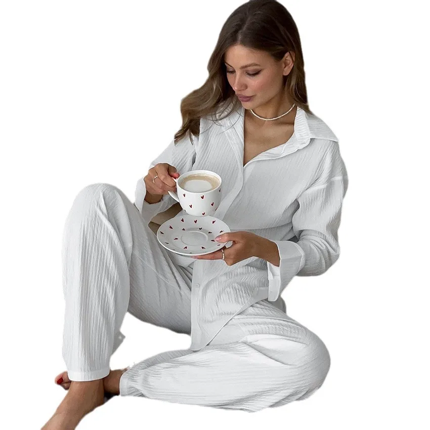Europe America New Autumn Long Sleeve Trousers Pajamas Two Piece Sets 2023 Solid Loose Comfortable White Women Home Pyjama