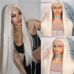 Soft Preplucked Ash Blonde White 26Inch 180Density Straight Lace Front Wig Synthetic With Baby Hair Glueless Daily Wear Wigs