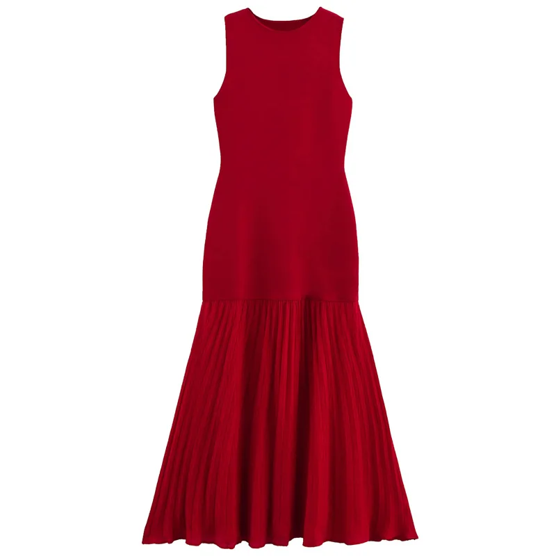 HXAO Red Dress Women's Dress Spring Summer 2025 Ruffled Knit Patchwork Long Dresses Casual Party Dresses Chic Sleeveless Vestido