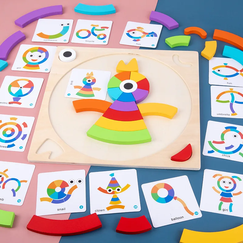 

Wooden Rainbow Stacking Toy Montessori Puzzle With Card Matching Game Color Sorting Educational Brain Toys for Toddlers