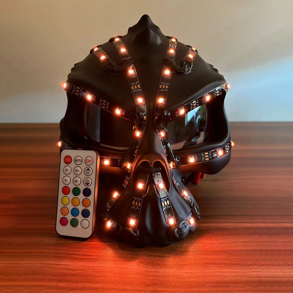 

LED Skull Helmet RGB Monochrome Switching Full Color Lighting Racing Hat Mask Waterfall Effect Glowing Robot Set Party Costume A