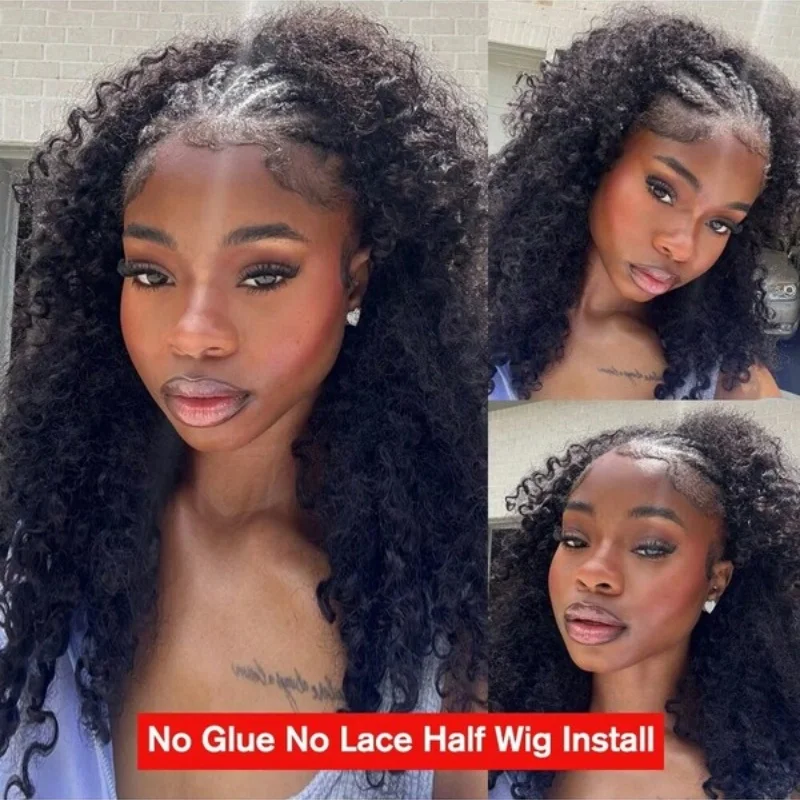 Afro Kinky Curly Half Wigs Human Hair Upgrade Wear & Go Half Wig With Drawstring Seamless Clip Ins Flip Over Curly Hair wigs