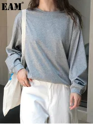 [EAM] Women Gray Beige Brief Plain Big Size Casual T-shirt New Round Neck Long Sleeve Fashion Tide Spring Autumn 2024 1DH6586