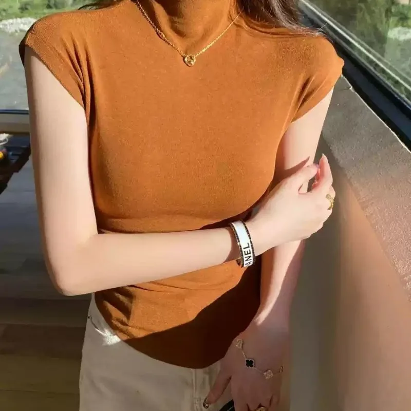 Ladies Fashion Slim Simplicity Elegant Solid Color Pullover Spring SummerNew Style Short Design Half High Neck ShortSleeved Tops