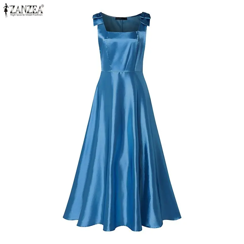 Elegant Party Dress ZANZEA Women Evening Gown Square Neck Straps Dresses Sleeveless Office Work Satin Sundress A Line Bows Robe view 2