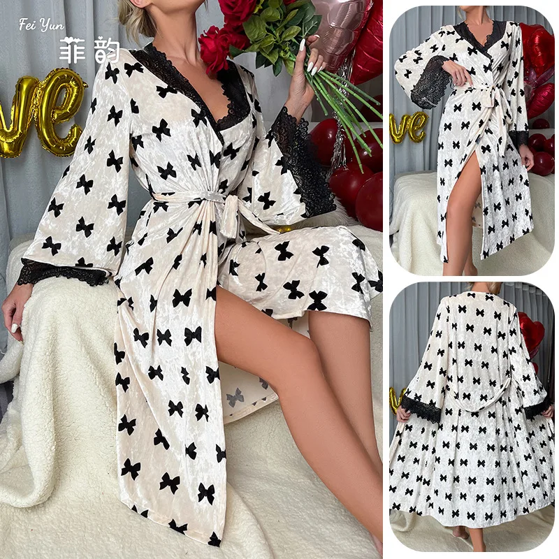 

Black Bow Print White Velvet Kimono Intimate Lingerie Velour Robe Women Sleepwear Wedding Bride Party Gift Loungewear Nightwear