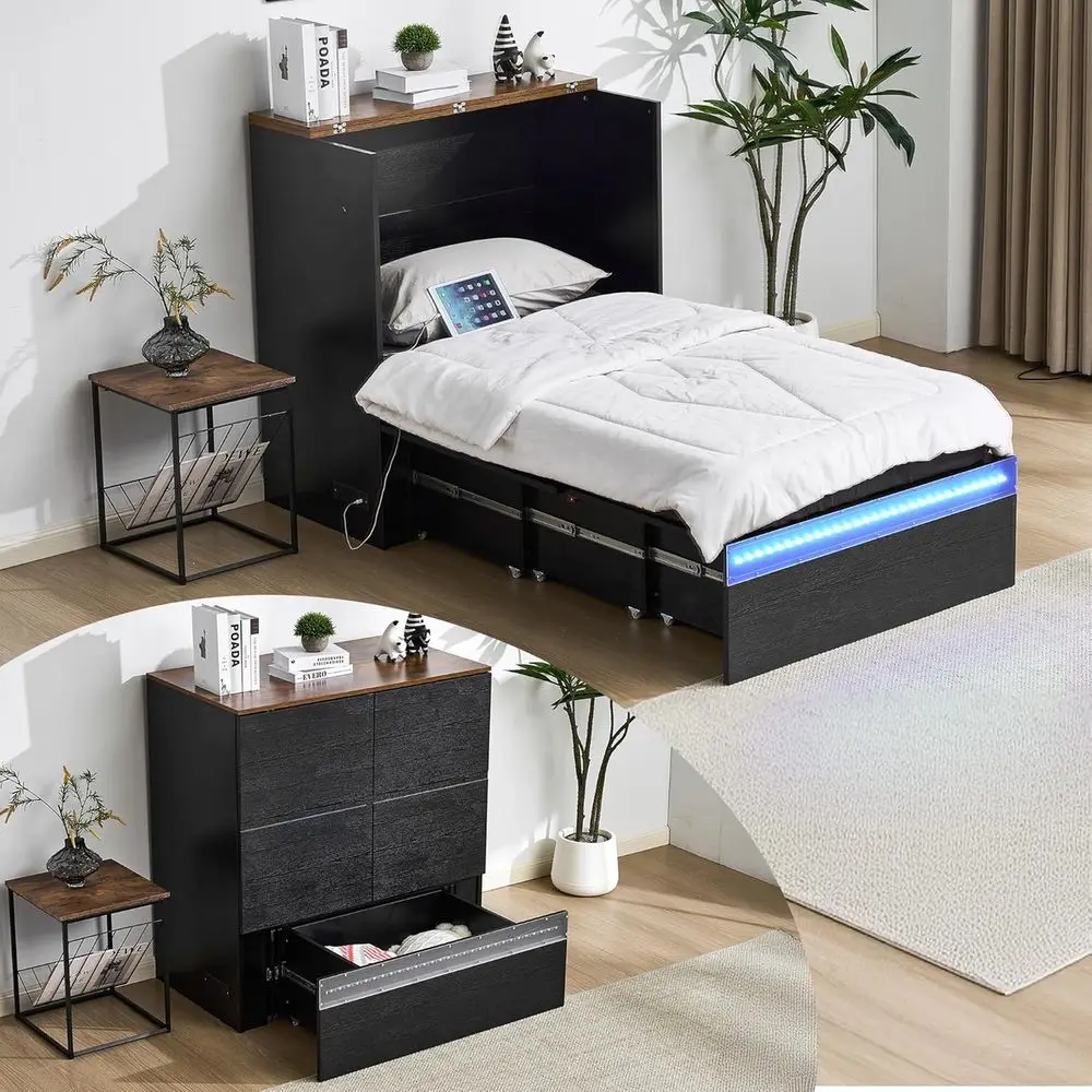

Twin Size LED-lit Murphy Bed with Storage, Charging Station, Space-Saving for Kids & Adults, Classic Black
