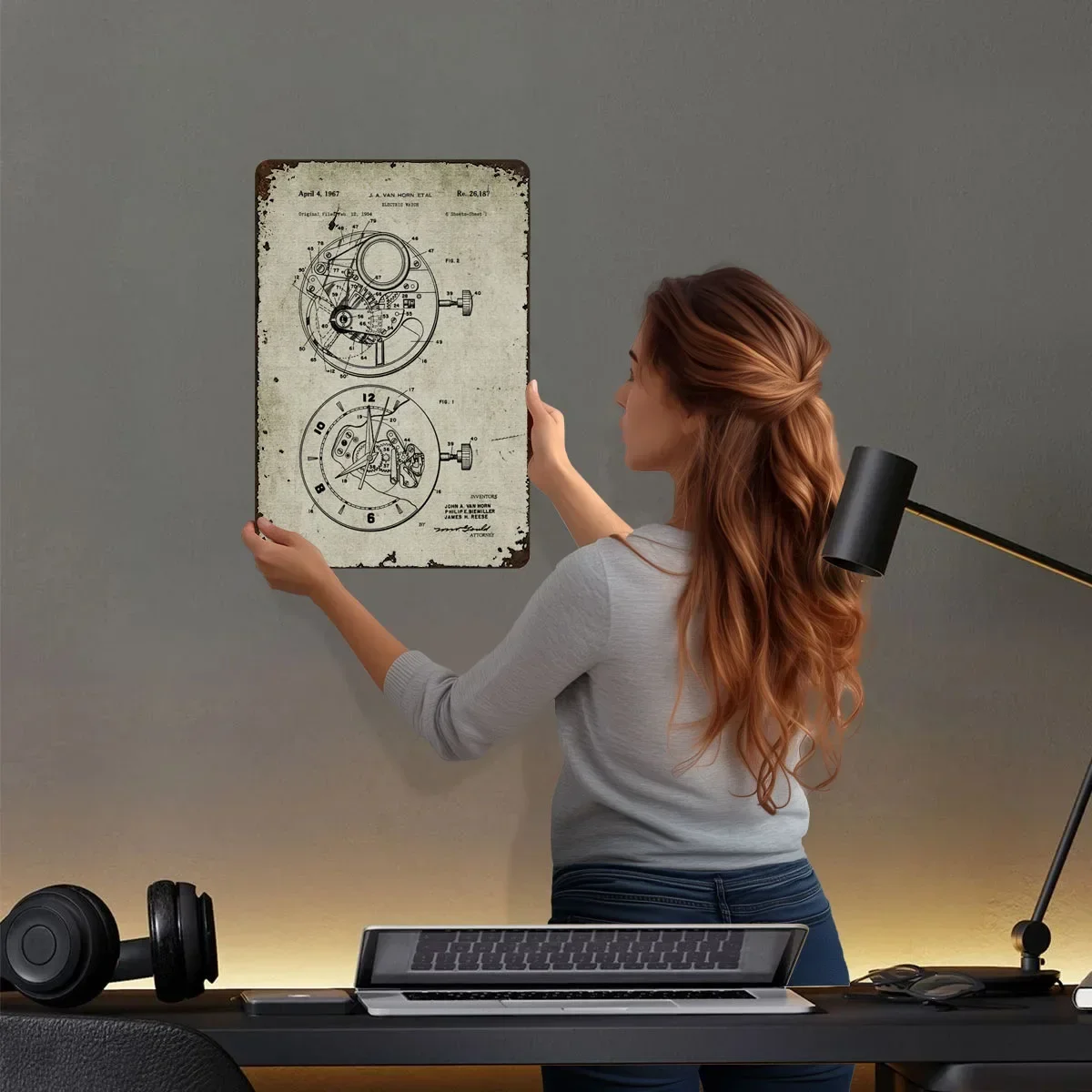 1954 ساعة كهربائية - براءة اختراع دراوي ملصق مخططات صفيح تسجيل رجل الكهف علامات معدنية مخصصة للرجل الكهف جدار الفن الديكور