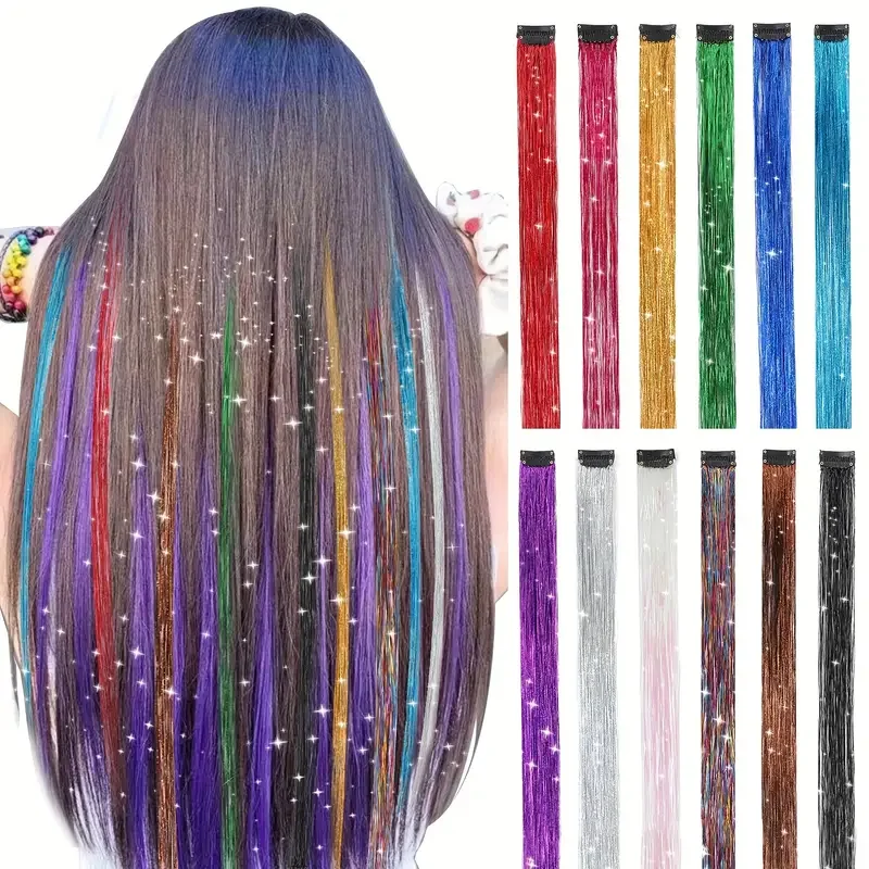 

Synthetic 12pcs 20 Inch Clip In Tinsel Colored Hair Extensions Traceless Tinsel Colorful Hair Extensions With Tinsel For Party