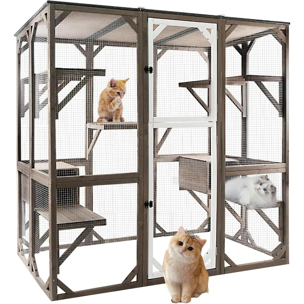 Outdoor Catio Cat Enclosures - Wooden Cat House Weatherproof with Multi Platforms & Lounge Boxes, Indoor Interoperability