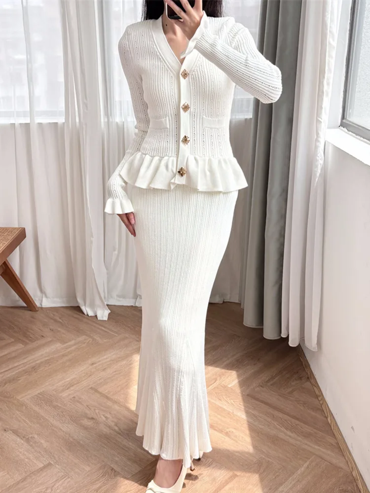 High Quality Autumn Winter Fashion Casual Knitted Sweater Dresses For Women French Luxury Buttons Long Dress Robe Femme Vestidos