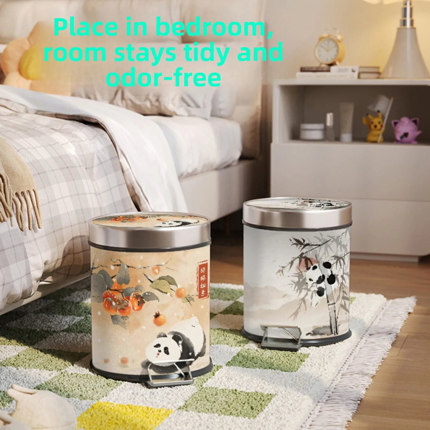 

Large Capacity Foot Pedal Trash Can with Lid Cute Panda Cartoon Design for Living Room Kitchen Home Use round Shape Plastic