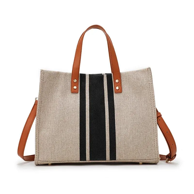 Borse a secchiello semplici con decorazioni a righe in tela Borsa tote da donna con manico superiore Borse a tracolla casual a spalla di grande