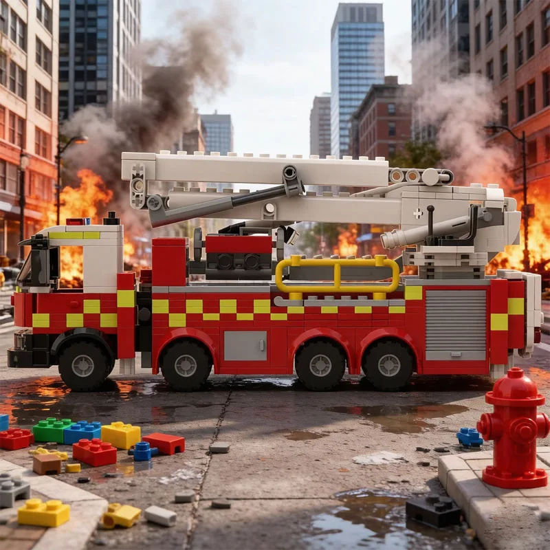 Building Block City Aerial Cable Car MOC-213990 Fire Truck Ladder Platform Fire Truck 578 Pieces Birthday Gift Toy