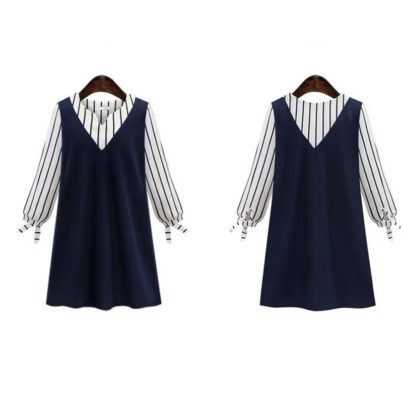 2022 New European American Style Summer Casual 1 Set Loose Size XL-5XL Blue Long Sleeve V-neck Striped Woman Dress