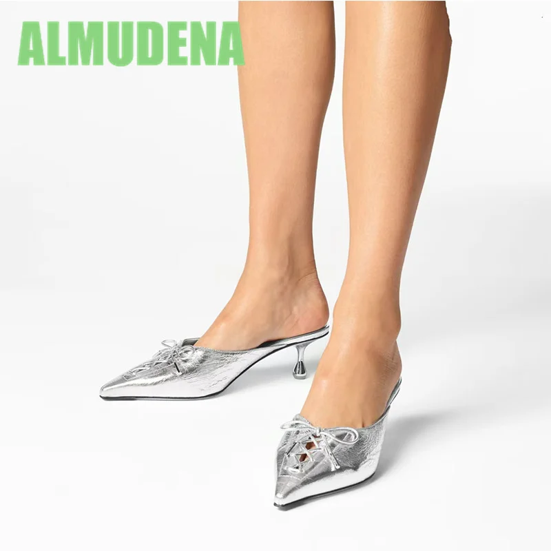 

Lacquer Leather Bow Half Slippers Stylish French Strap Irregular Heel Toe Cap Pointed HighHeeled Shoes Sandalias De Mujer Verano