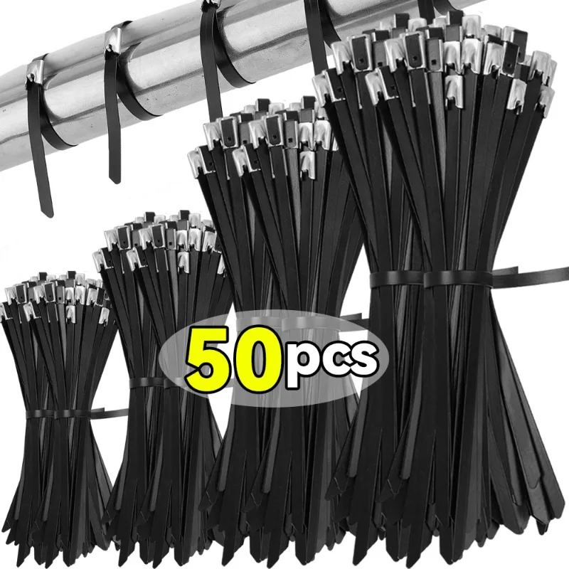 10/20/30/50 قطعة العلاقات كابل الفولاذ المقاوم للصدأ المعادن الذاتي قفل الربط الأشرطة الأسود الثقيلة سلك كابل التعادل العادم التفاف خواتم