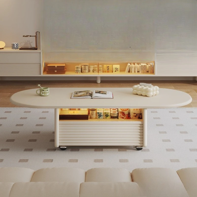 Cream wind movable lifting coffee table, oval small apartment living room home modern simple mobile tea table solid wood