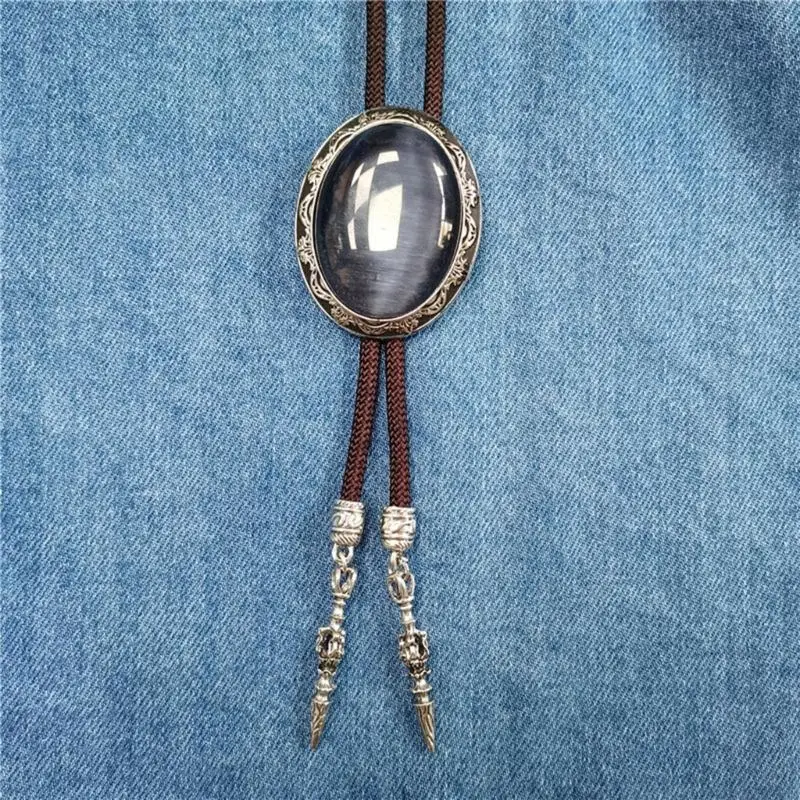 T21F Men's Western Bolo Tie with Unique Oval Stone Pendant Shirt Collar Chain Adjustable Cord Necktie Jewelry Necklace