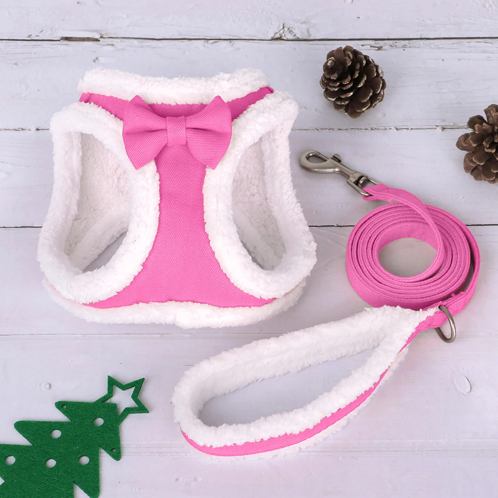 Warm Winter Dog Harness and Leash Set Soft Fur Puppy Dogs Vest Harness With Lead Rope Cute Bowtie Cat Pet Harness Walking Belt