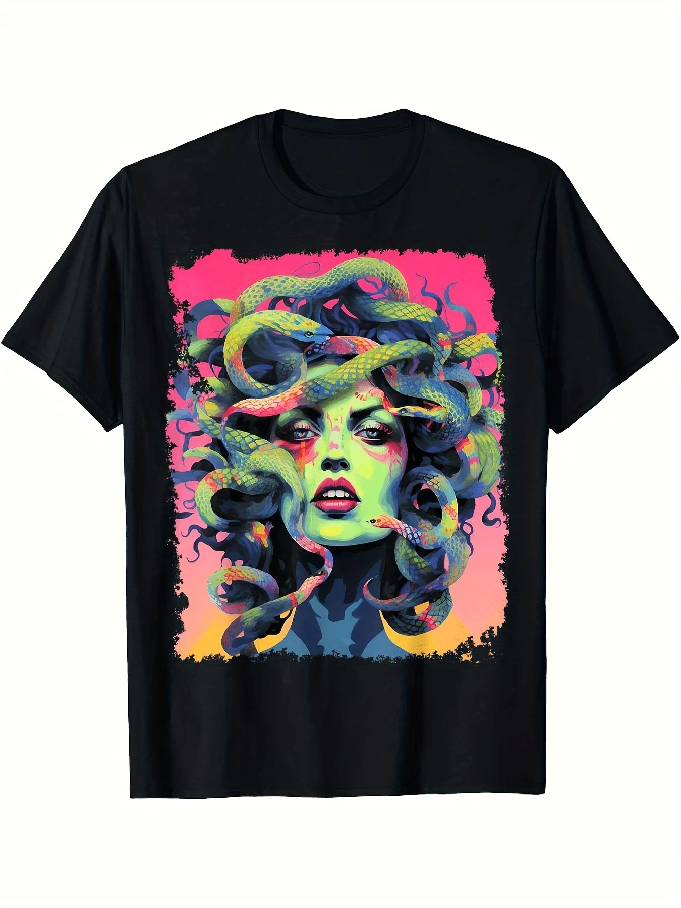 Men's plus-size Medusa print T-shirt, made of soft fabric, featuring a bright neon snake pattern and a neutral artistic style, with a short-sleeve design suitable for everyday casual wear