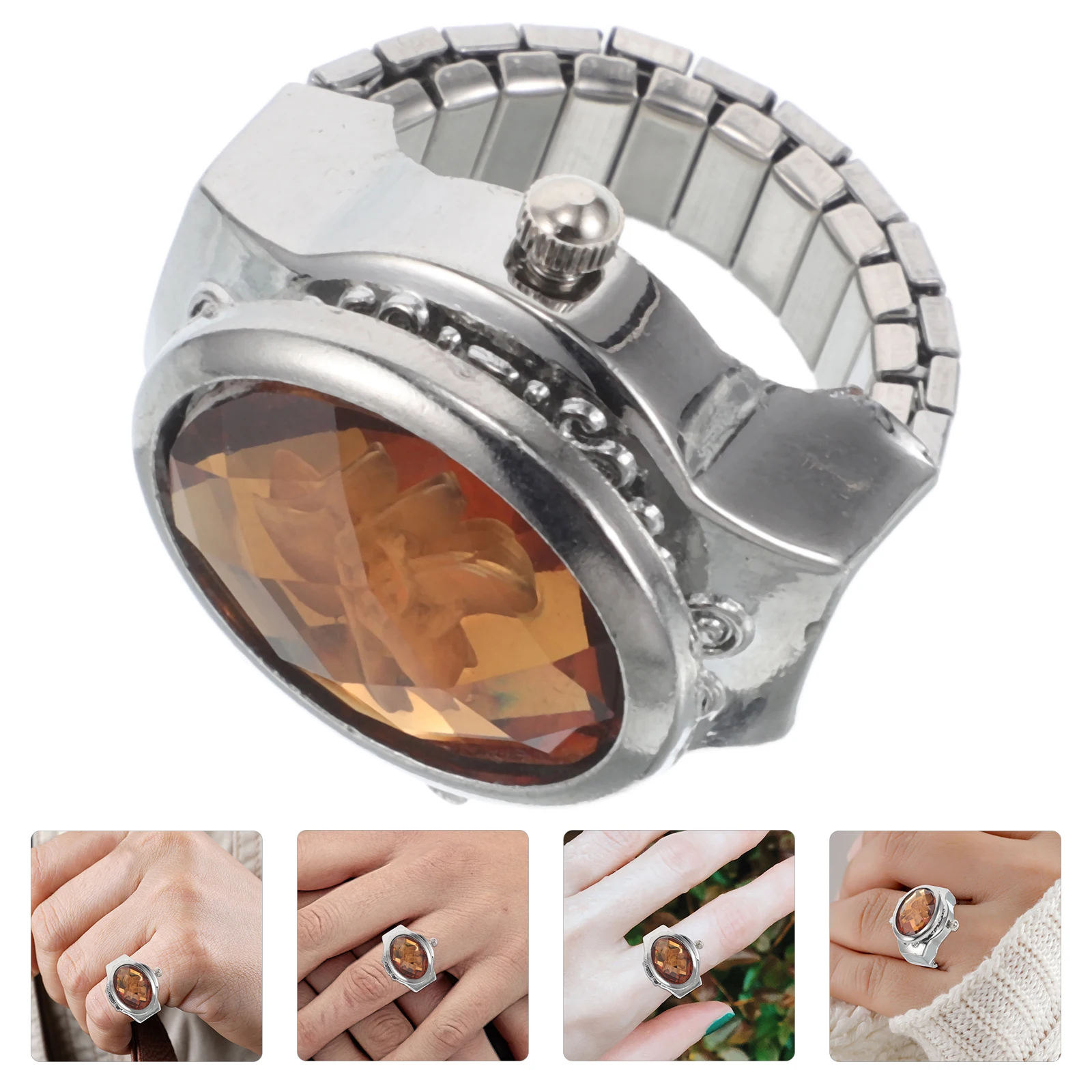 

Oval Transparent 3D Flower Unique Finger Watch Ring Dual Functionality Lightweight Adjustable Rhinestone Chic Vintage
