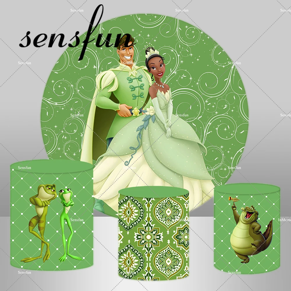 Green Cartoon Princess Tiana and the Frog Circle Round Backdrop Girls Birthday Party Background Pedestal Covers