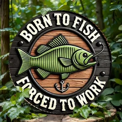 Retro Fishing Wall Sign: Fishing Enthusiast, Trapped by Reality 8 x 8 Inch Round Metal Ornament with Big-mouthed Bass and Anchor