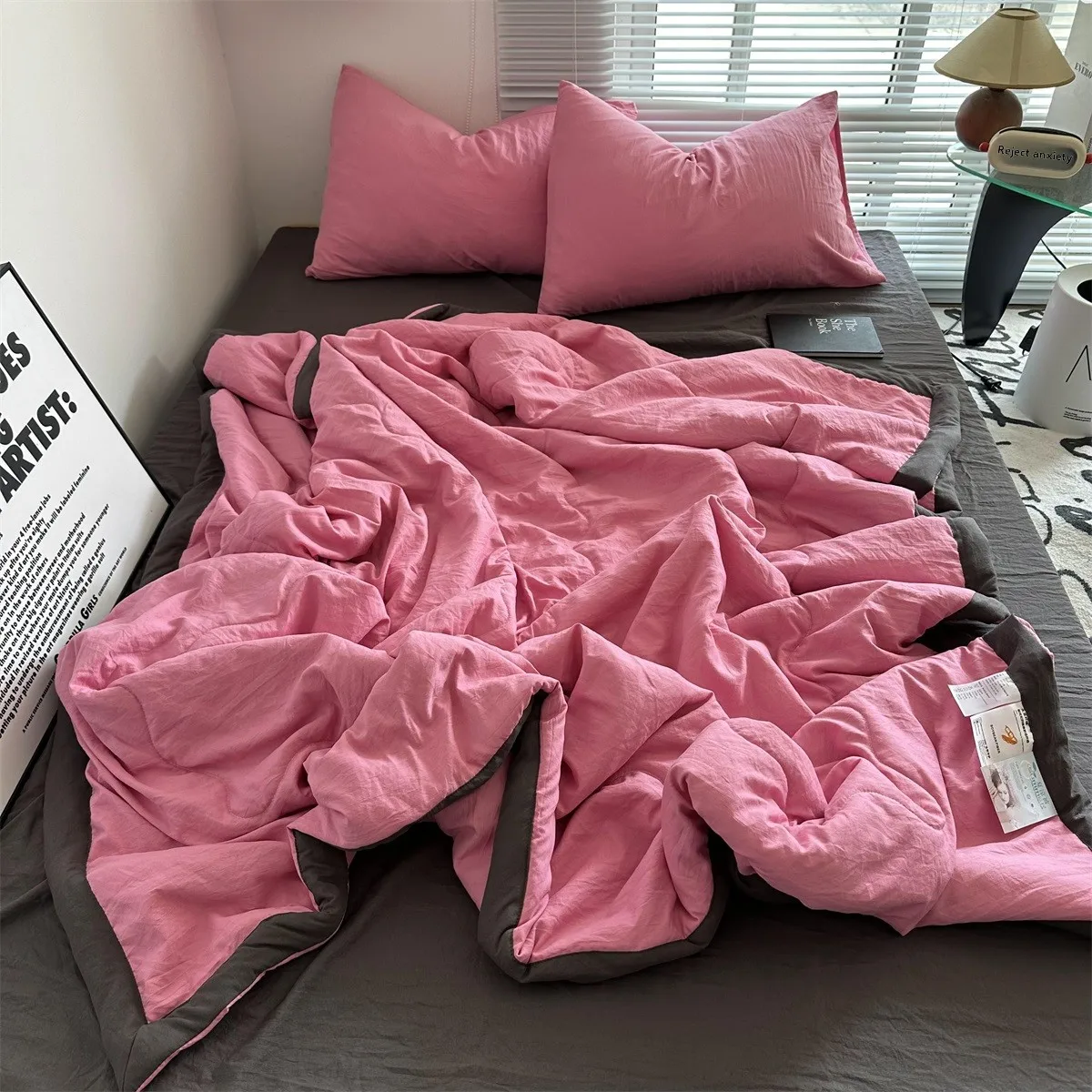 

Ultra-Soft Pink Waed Cotton Summer Quilt Lightweight Pure Color Double Size Bedding Set Cool Sensation Polyester Fiber
