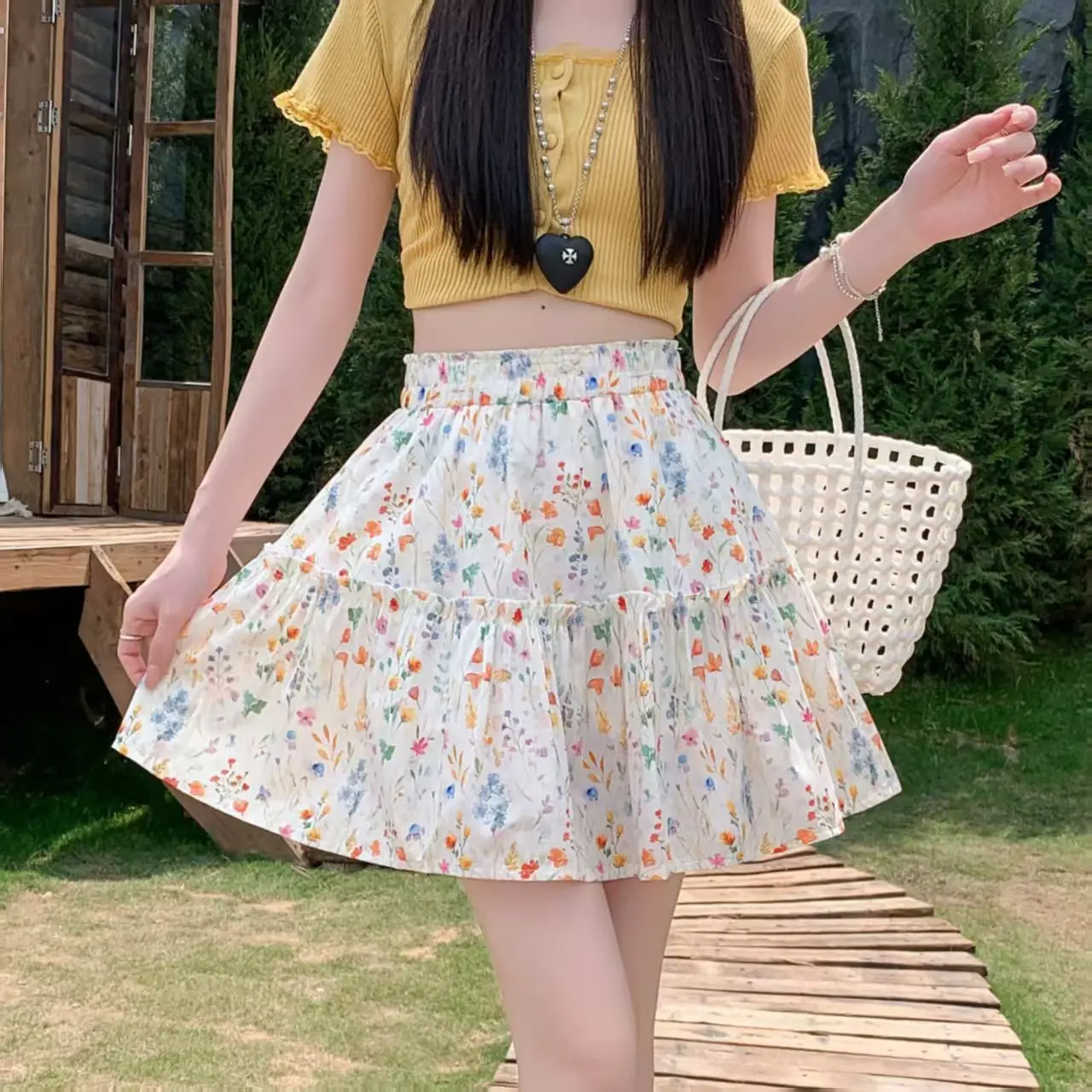 

Романтичная юбка с цветочным принтом, женская, А-силуэт, средней длины, на резинке, летняя, 2026, нежный стиль, модная, универсальная юбка