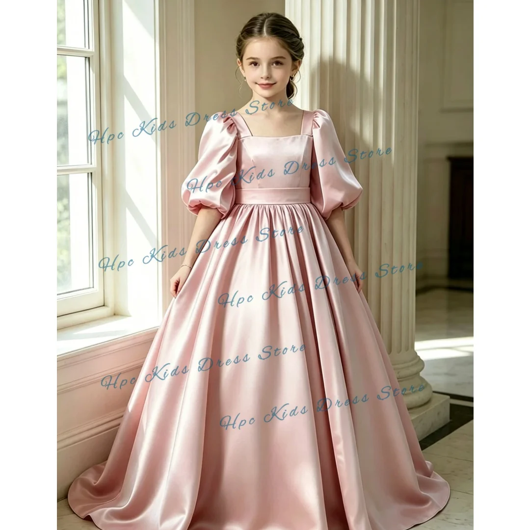 Custom Girl's Pink Flower Girl Dress, Satin Puff Sleeve Princess Gown with Square Neckline, Elegant, Suitable for Wedding Partie
