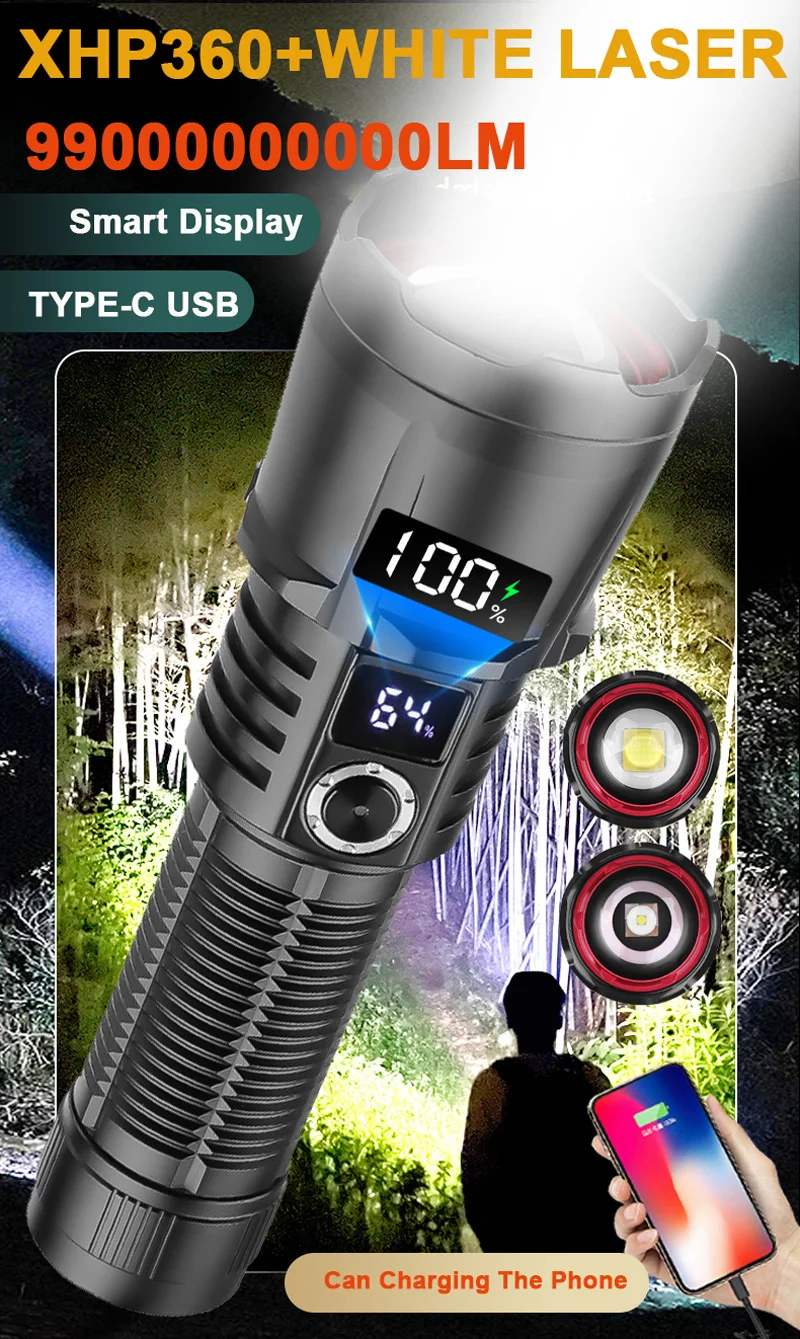 9900000000LM XHP360 Flashlight LED 500W White Spotlight Zoom Strong Light Long Shot Outdoors Metal SwitchHot OLED Power Display