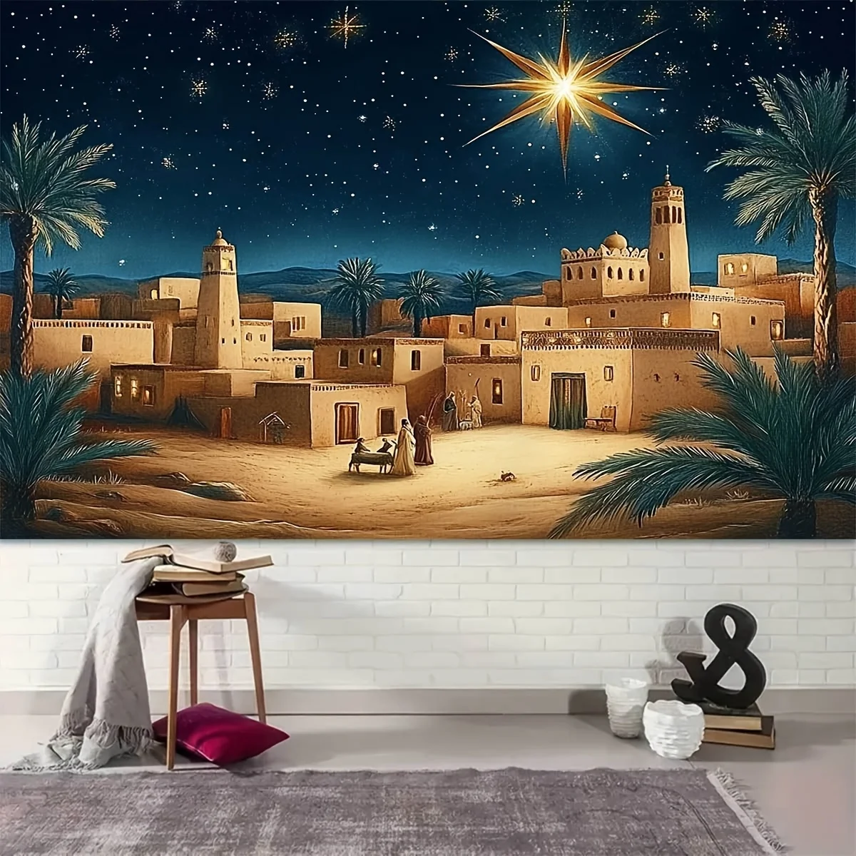1-teiliges Bethlehem Star Weihnachts-Hintergrundtuch – ein ruhiger Nachthimmel und Palmenbaum-Design, Hintergrundtuch