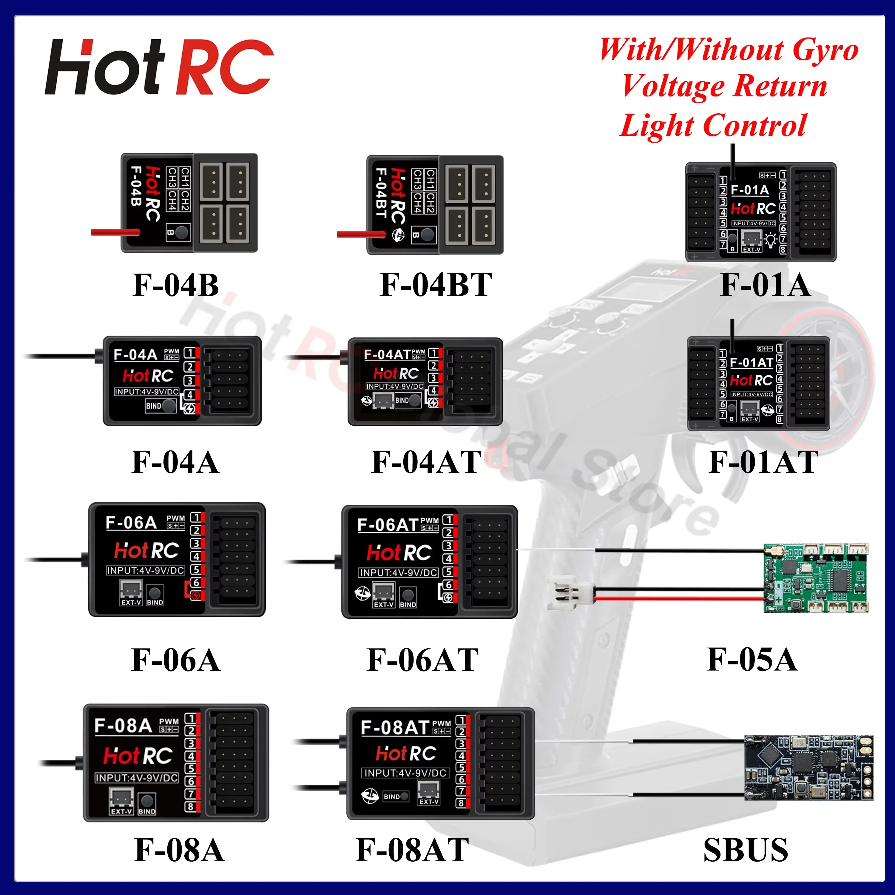 

HOTRC 2.4Ghz 4/6/8 Channel Receivers F-04A F-04BT F-06AT F-08A with/without Gyro Light Control for Transmitter Remote Control