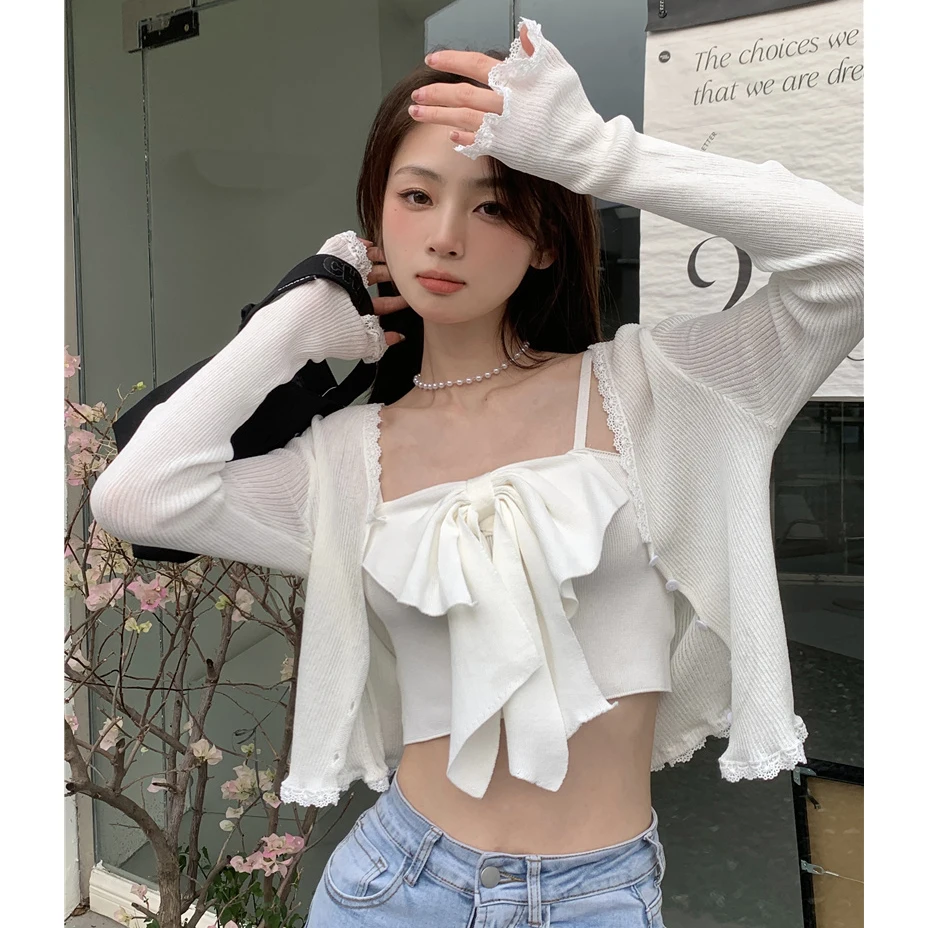 

Женский вязаный кардиган с длинными рукавами, тонкий, для весны, осени и лета, белый топ, милый студенческий стиль, комплект из двух предметов с узором