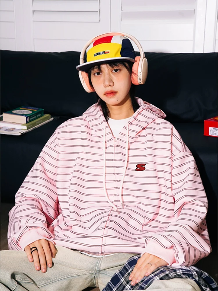 

Hooded Open Cardigan Sweatirt Men's Spring Autumn Sle American Lazy Chic Couple Jaet Autumn Stripe Casual Sports Jaet