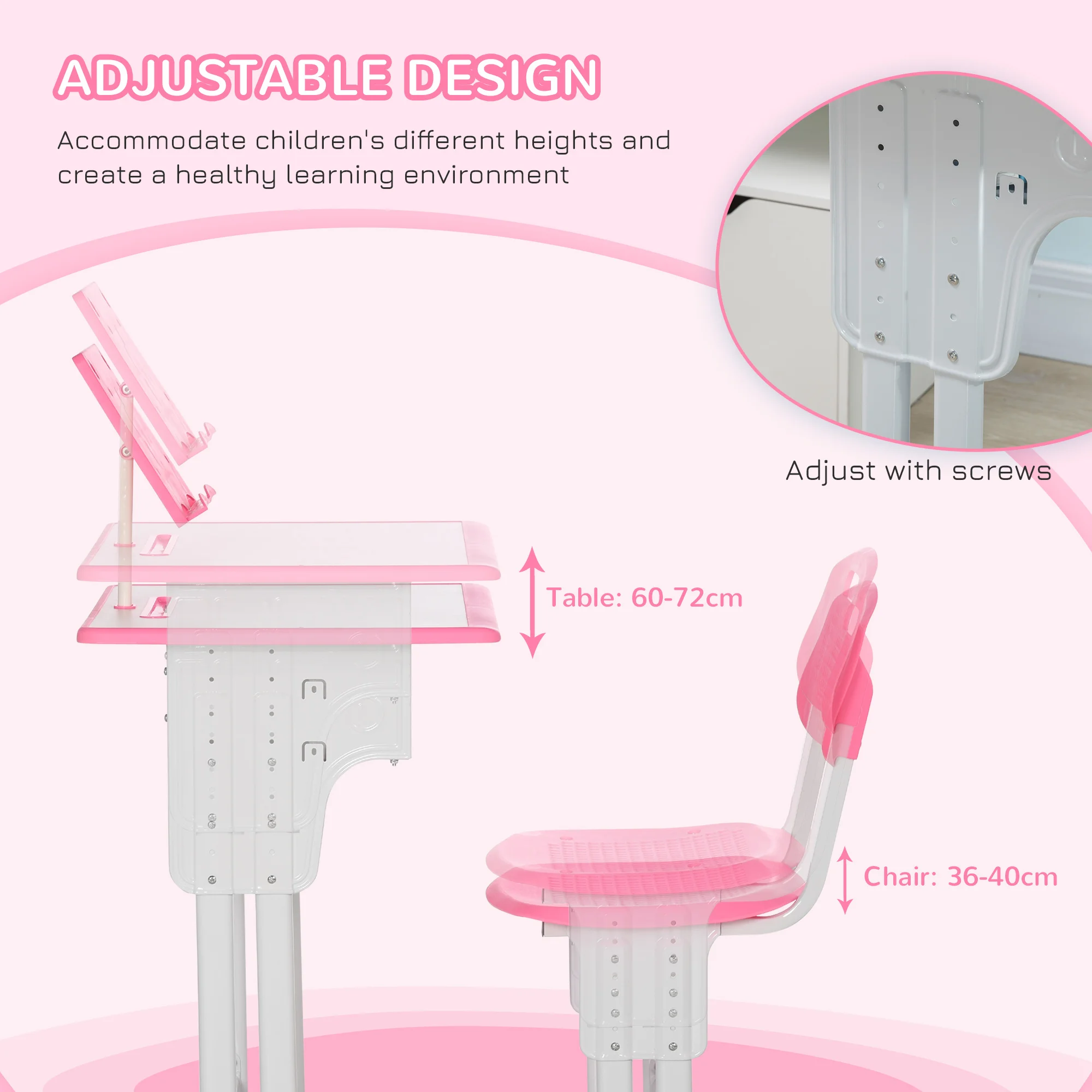 HOMCOM Kids Desk and Chair Set Adjustable Height Drawer Book Stand Pink