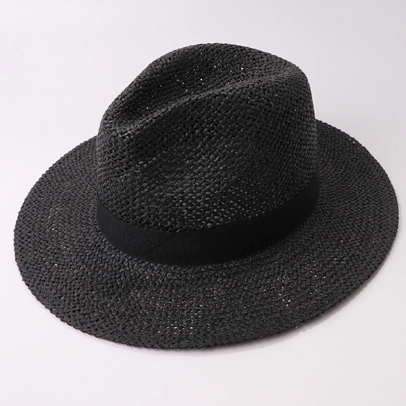 Fedoras Black Band Straw Hat Men Women Wide Brim Summer Hat Male Female Panama Hat Beach Cap Unisex Flat Brim Beach Hat