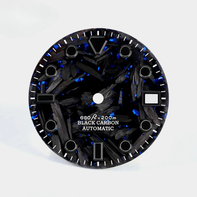 Mostrador de fibra de carbono preto de qualidade preto Lume NH35/NH36 movimento 28,5 mm logotipo personalizado