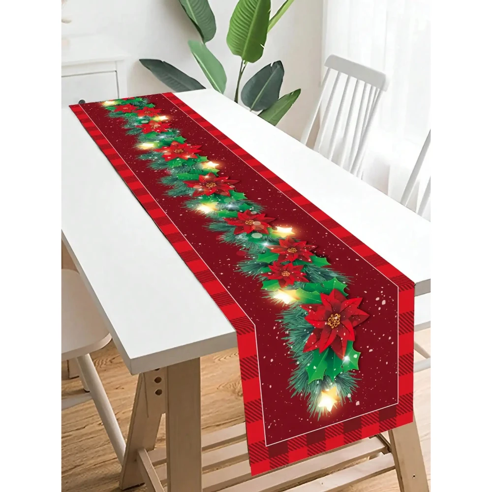 Christmas Poinsettia Holly Table Runner Party Decor Winter Snowflake Xmas Kitchen Dining Table Runners Christmas Decoration