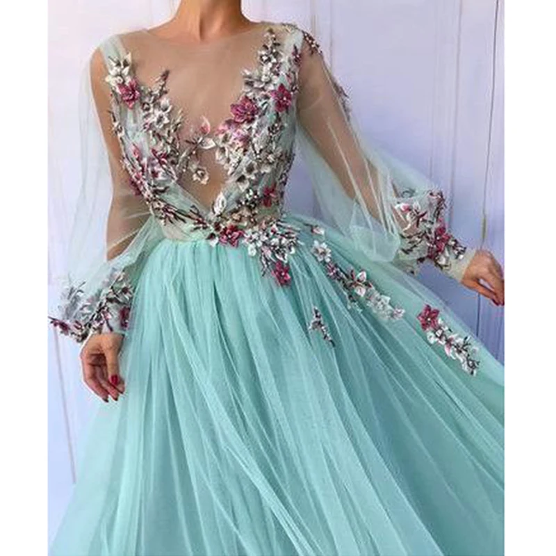 2022 3D Blumen Langarm Tüll Grüne Fee Abendkleid Promi Party Kleid für Jugendliche