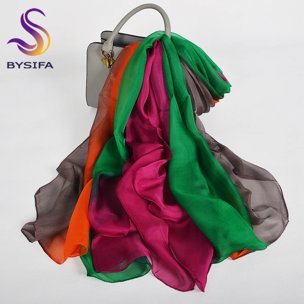 BYSIFA|Fall Winter 100% Silk Long Scarves Shawls Green Yellow Pink Grey Female Gradient Color Neck Scarf Summer Silk Scarf Cape