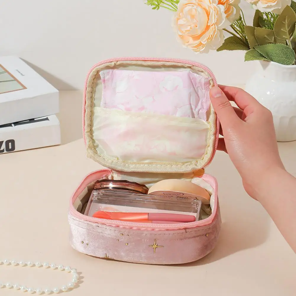 Portable Toiletry Bag Velvet Small Cosmetic Case Travel Makeup Bag Star Pattern Zippered Pouch Lipstick Organizer Napkin Storage
