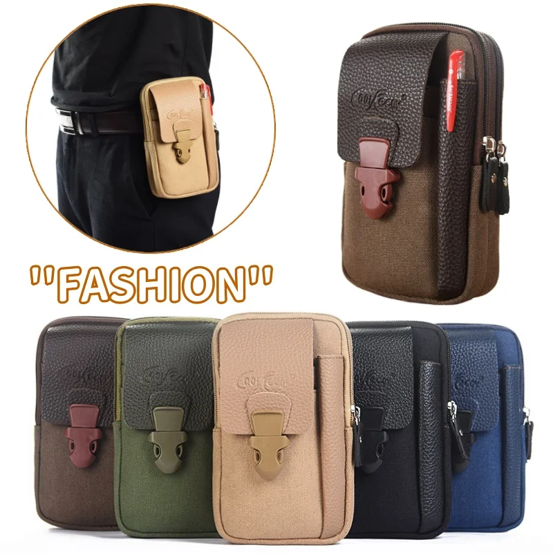 

Men Waist Bags Small Solid Color Card Holder Fashion PU Leather Male Zipper 4 Inch Phone Packs Outdoor Simple Belt Fanny Purse