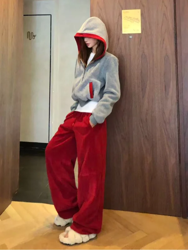 

Утепленные флисовые повседневные брюки в пол для женщин, осенне-зимние, свободные, красные, широкие, с низкой талией, из полиэстера, теплые