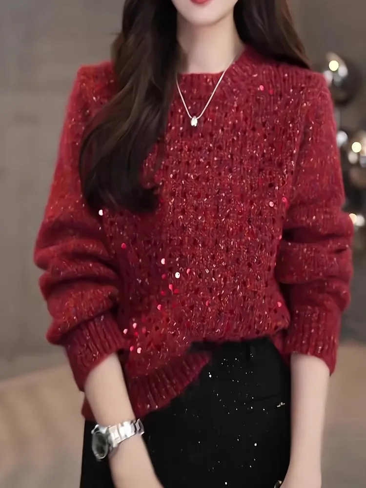 

Красный блестящий вязаный свитер с пайетками, женский, с длинным рукавом, зимний, модный, в рождественском стиле, удобный, свободного кроя, с круглым вырезом