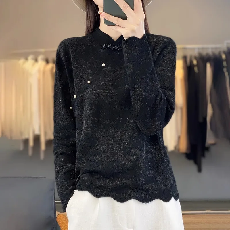 Autumn New Sle Chinese Spun Wool Knitted Top Women's National Sle Button Knitted Flower Pattern  Collar Versatil...