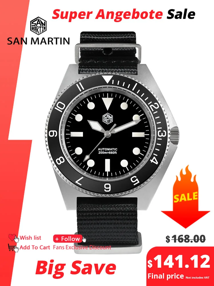 San Martin New 40mm Diving Watch NH35 Automatic Men Mechanical Wristwatch Sapphire Nylon Strap Full Luminous Waterproof 200m